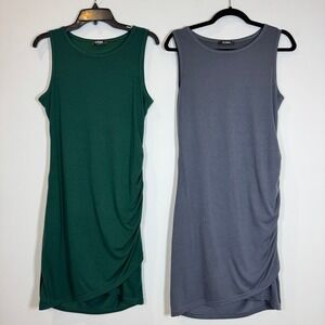 BTFBM Womens Ruched Bodycon Tank Dress Set of 2 Green Grey Sleeveless Medium